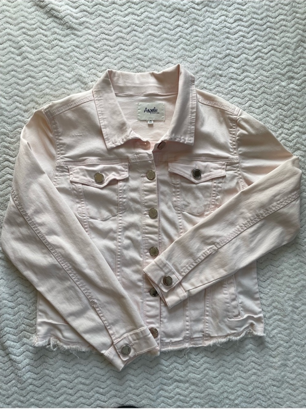 Angels Forever Young Pink Denim Jacket Distressed Hem Size Medium - Picture 2 of 9